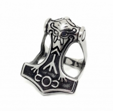 Thorhammer Ring with Viking Head (Silver)